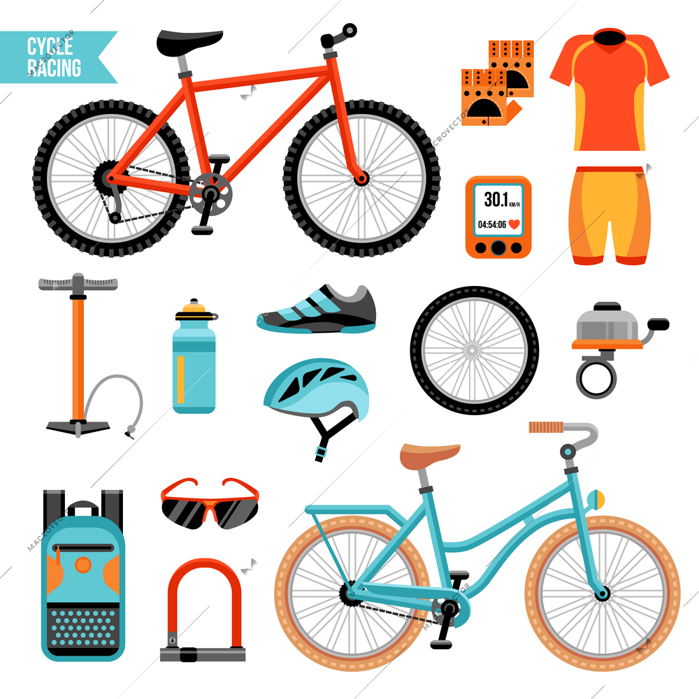 Bike and cycling accessories colored icons set with biker uniform elements pump wheel bicycle bell isolated vector illustration