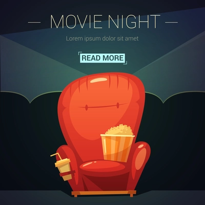 Movie night cartoon background with seat cola and popcorn vector illustration