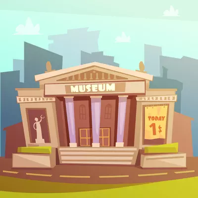 Color cartoon illustration depicting museum building with title and columns vector illustration