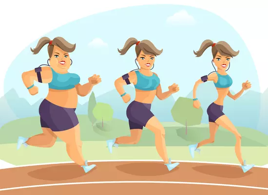 Transition from plump to slim young woman jogging outside on background with trees and mountains cartoon vector illustration