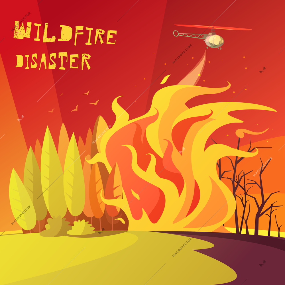 Color cartoon illustration wildfire disaster depicting burning forest vector illustration