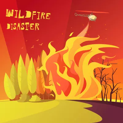 Color cartoon illustration wildfire disaster depicting burning forest vector illustration