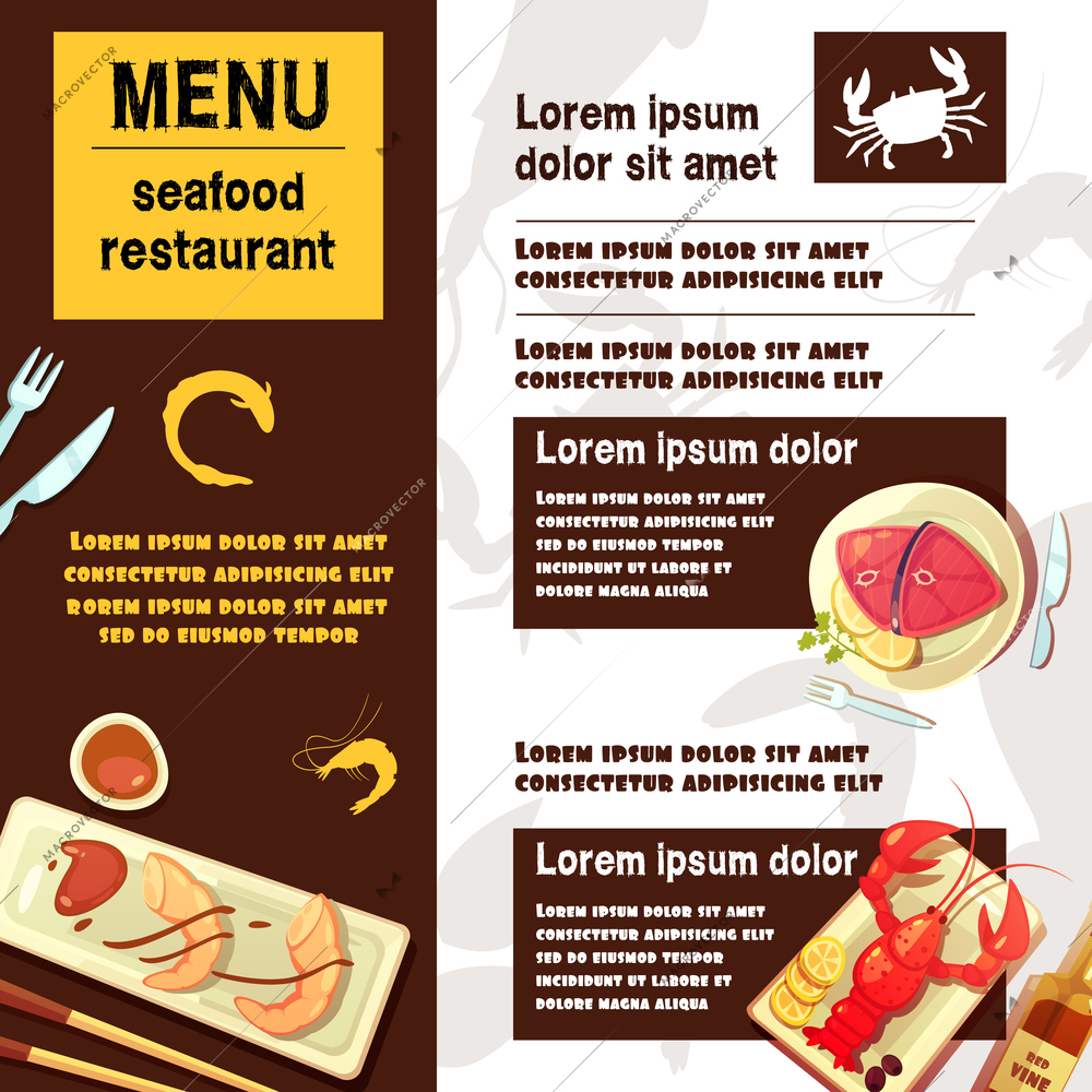 Color menu seafood restaurant with picture of meals vector illustration