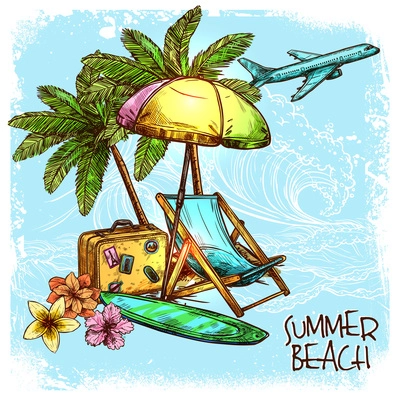 Summer beach concept with sketch palm sunbed and sunshade vector illustration