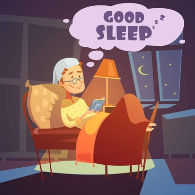 Color illustration depicting man in bed at night with book and nightcap with wish good sleep vector illustration