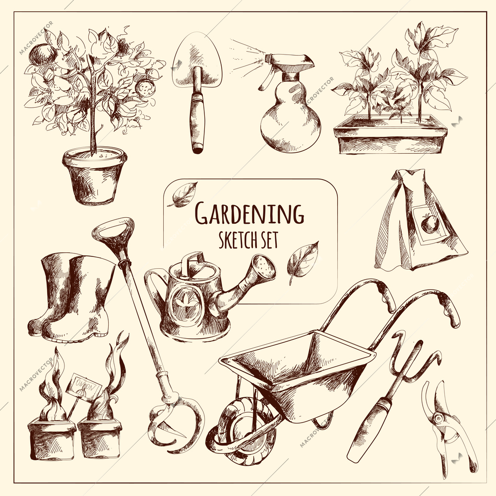 Gardening instruments sketch set with seeds flowerpot fork isolated vector illustration