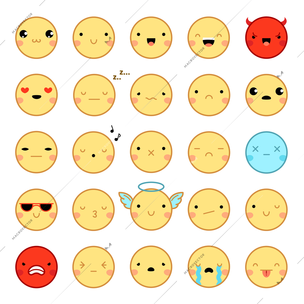 Flat design twenty-five funny colorful emoji emoticons set with various emotions isolated on white background vector illustration