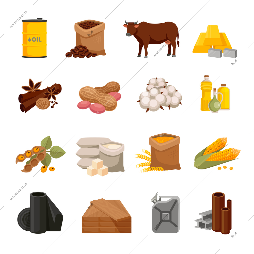 Various commodities flat icons set with food products and materials on white background isolated vector illustration