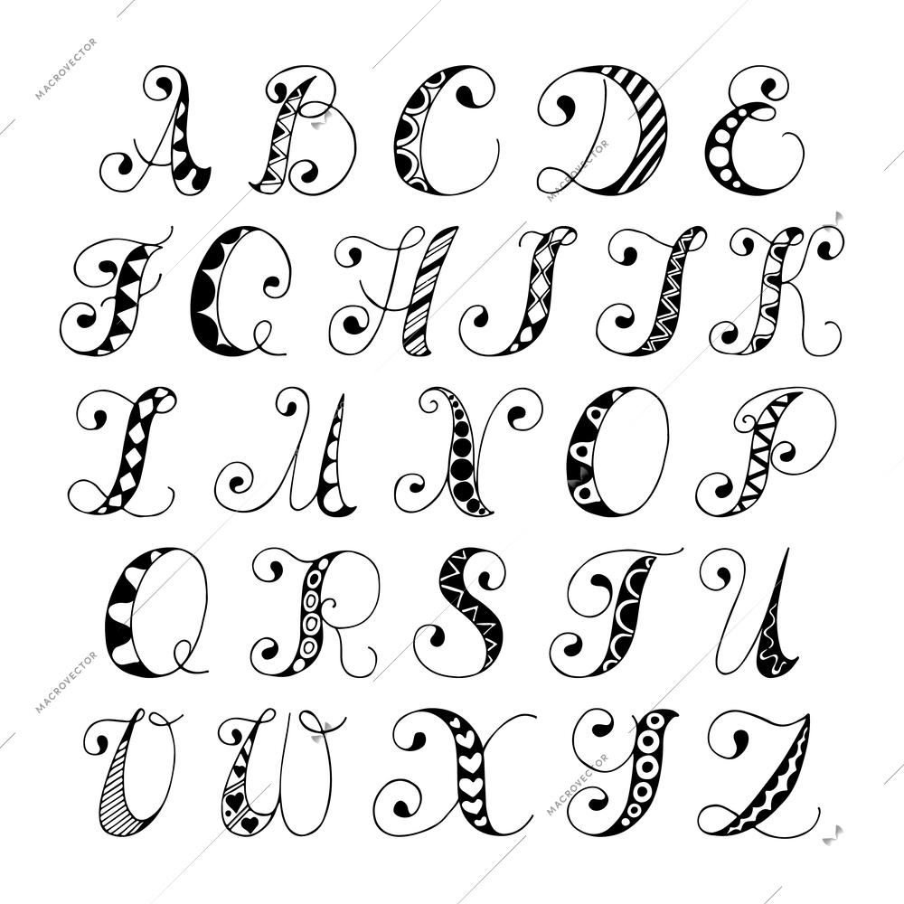 Sketch hand drawn alphabet black and white font letters isolated vector illustration