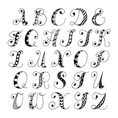 Sketch hand drawn alphabet black and white font letters isolated vector illustration