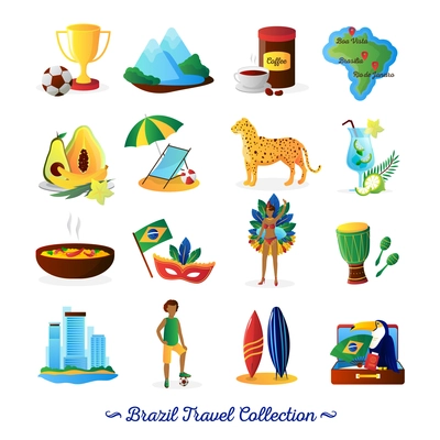 Brazilian culture food and traditions for travelers with country map flat icons collection abstract vector isolated illustration