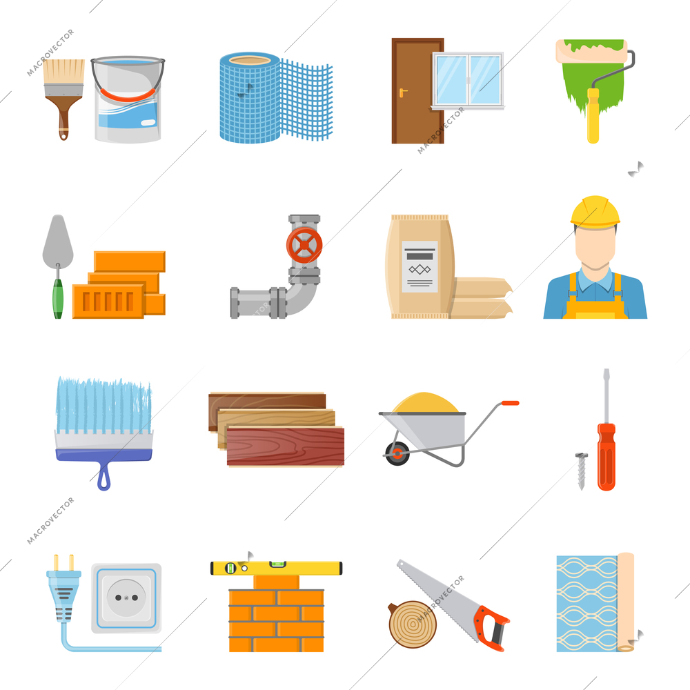 Various construction materials builder and tools icons set on white background flat isolated vector illustration