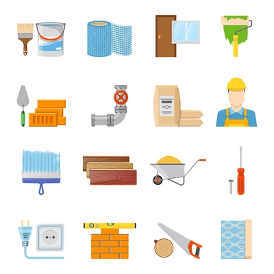 Various construction materials builder and tools icons set on white background flat isolated vector illustration