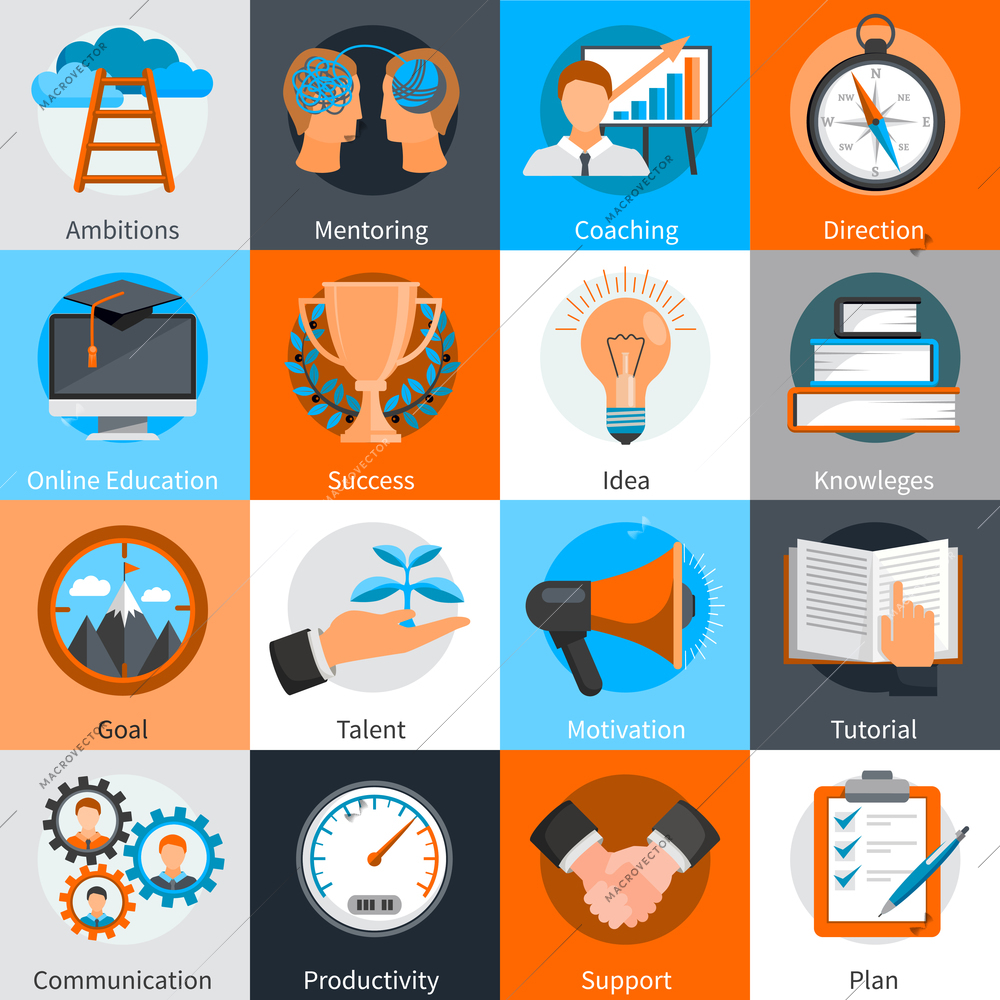 Flat design concept icons for mentoring and coaching skills development set isolated vector illustration