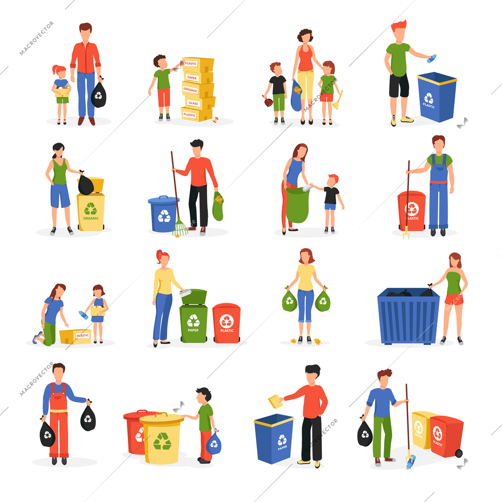 People collecting and sorting waste for recycling and reuse flat icons collection abstract isolated vector illustration
