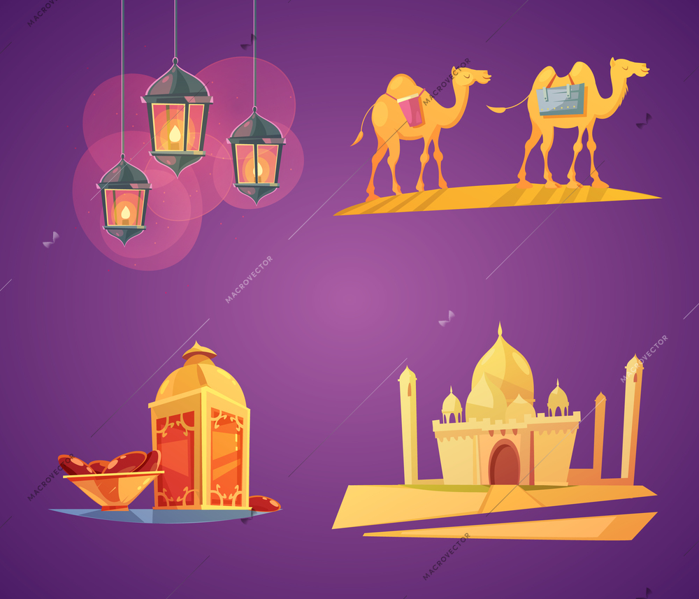 Color cartoon retro composition 2x2 with purple background depicting ramadan elements vector illustration