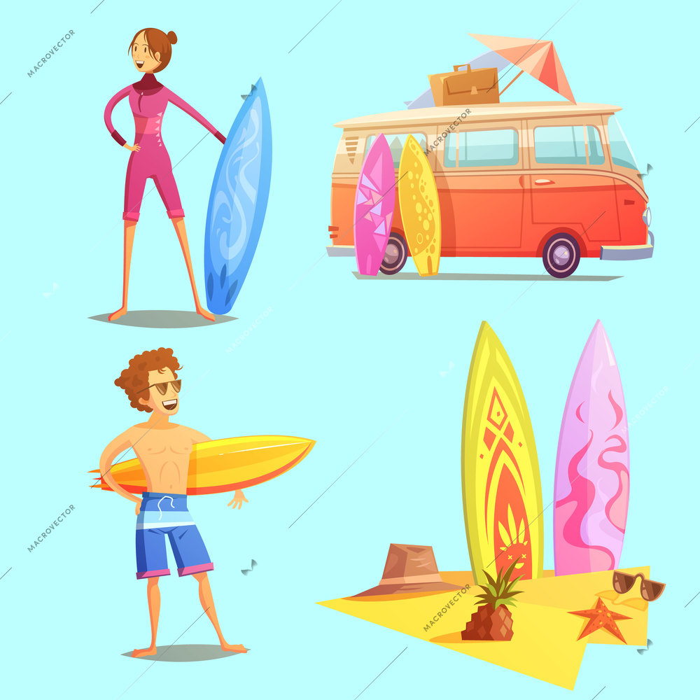 Surfing retro cartoon 2x2 icons set with surfers bus and surfboards on beach flat retro cartoon isolated vector illustration