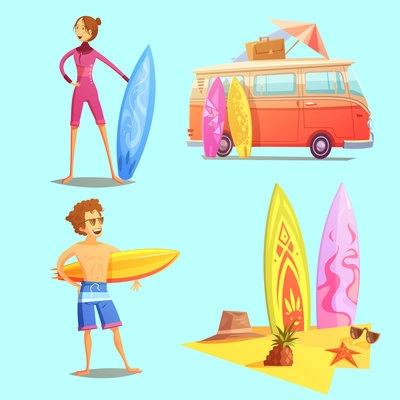 Surfing retro cartoon 2x2 icons set with surfers bus and surfboards on beach flat retro cartoon isolated vector illustration