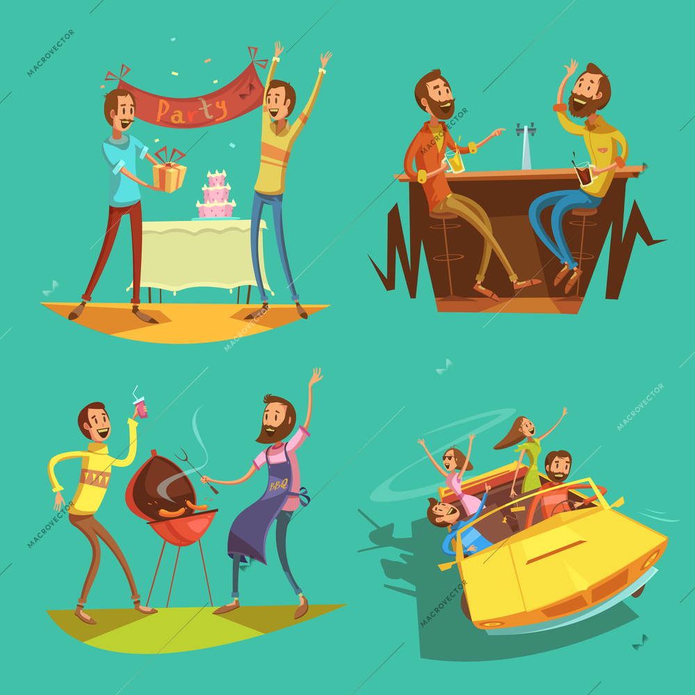 Friends cartoon set with celebration and pastimes symbols on green background isolated vector illustration