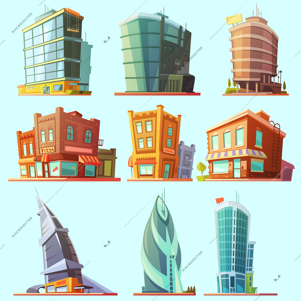 Historical and modern world most visited famous distinctive buildings icons set for tourists cartoon isolated vector illustration