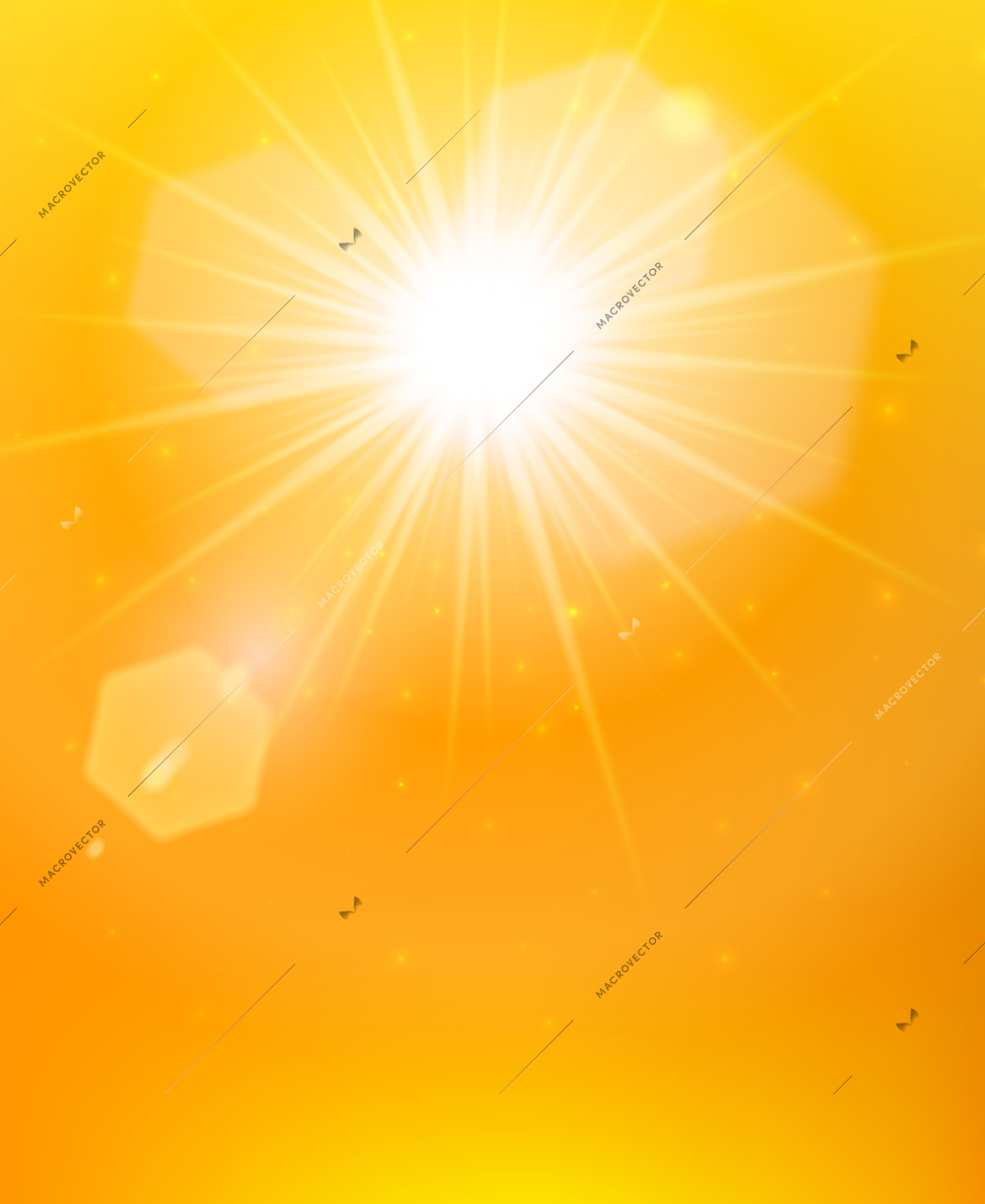 The sun rays poster bright sunlight with flares on the abstract orange background vector illustration