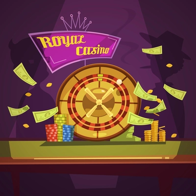 Royal casino with roulette chips money and two players retro cartoon flat vector illustration