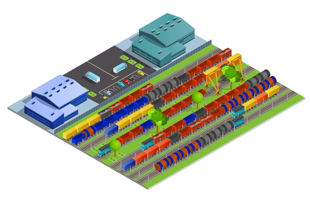 Railroad cargo transportation isometric design concept with warehouse constructions and railway tracks with cisterns containers refrigerators flat  vector illustration