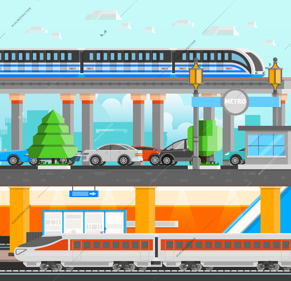 Subway underground design concept set with modern high speed monorail and metro trains and cars flat vector illustration