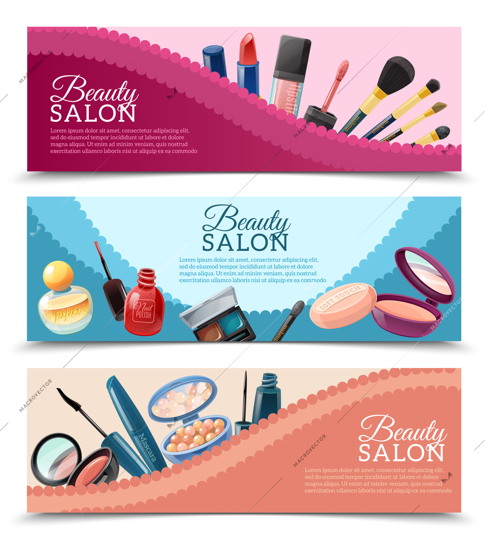 Beauty salon advertisement 3 horizontal banners set with cosmetics and make-up accessories realistic isolated vector illustration