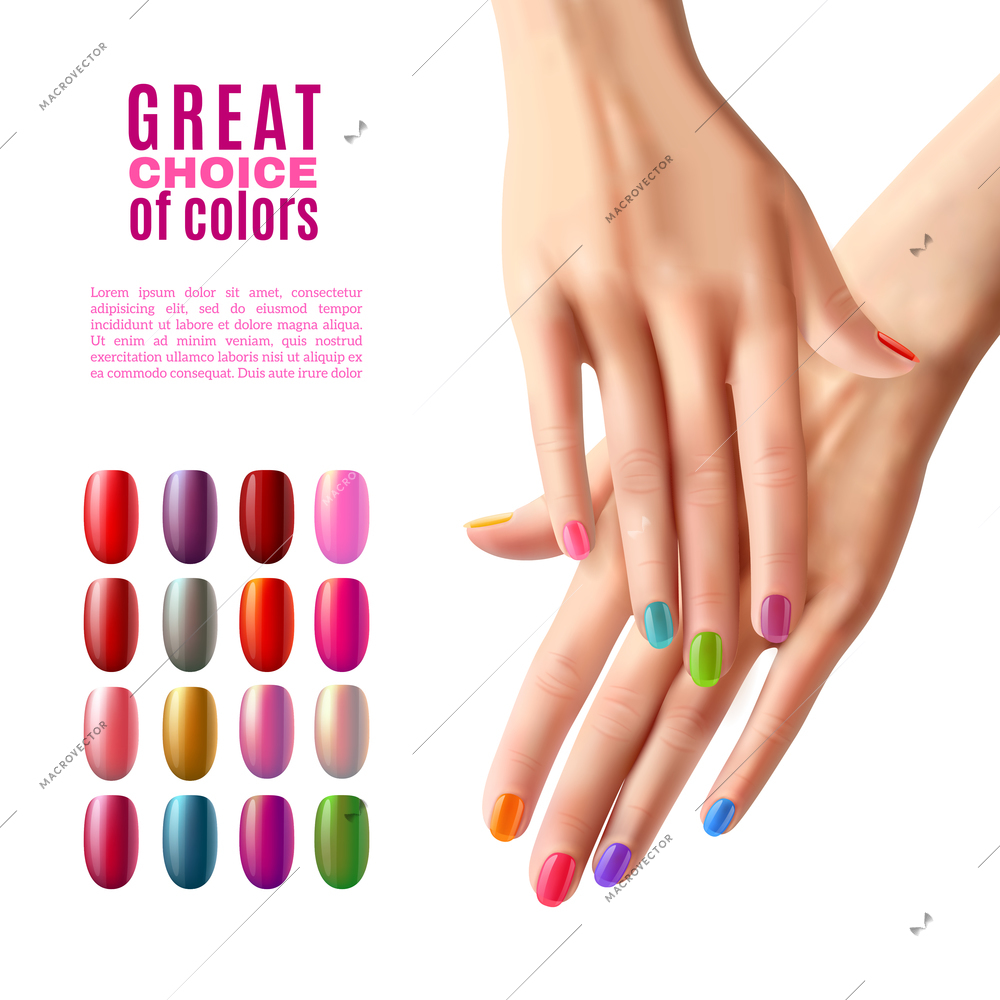 Manicure advertisement poster with choice of colorful false acrylic nails in modern polish shades realistic vector illustration