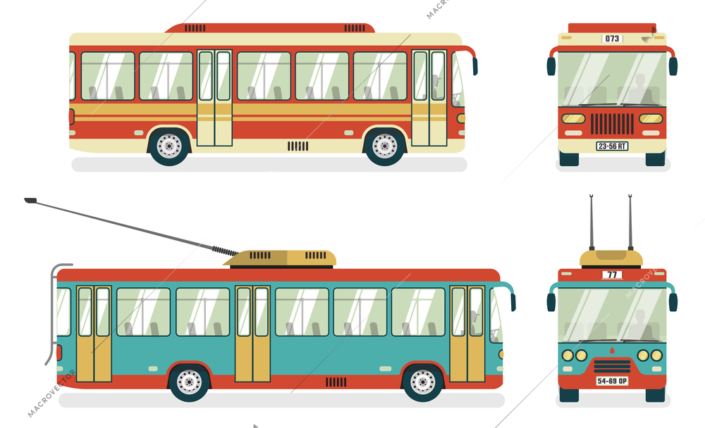City public transport services transit bus and trolleybus views 4 flat icons square abstract isolated vector illustration