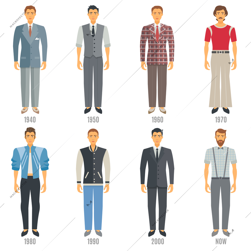 Men Fashion Icons Set. Fashion Evolution Vector Illustration. Man Fashion Development Decorative Set.  Fashion Evolution Design Set. Fashion Evolution Flat Isolated Set.