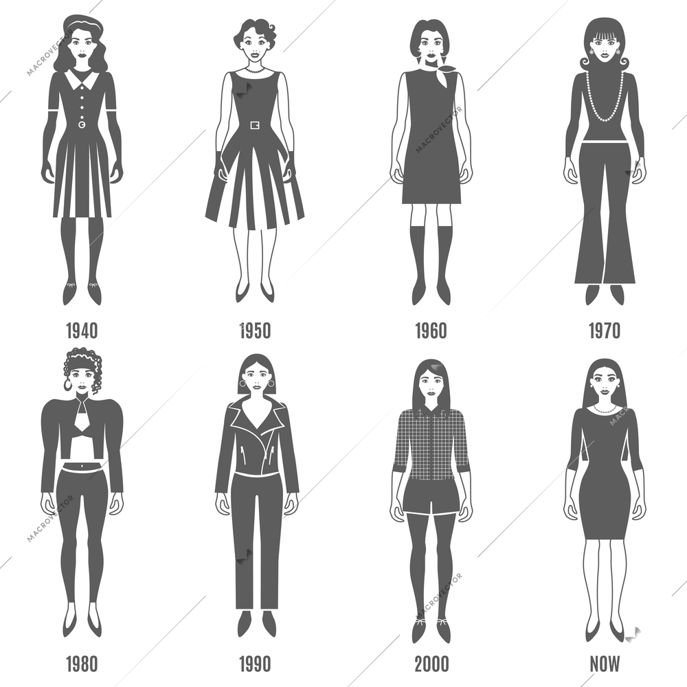 Women Fashion Black White Icons Set. Fashion Development Vector Illustration. Woman Fashion Evolution Decorative Set.  Fashion Evolution Design Set. Fashion Evolution Flat Isolated Set.