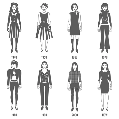 Women Fashion Black White Icons Set. Fashion Development Vector Illustration. Woman Fashion Evolution Decorative Set.  Fashion Evolution Design Set. Fashion Evolution Flat Isolated Set.