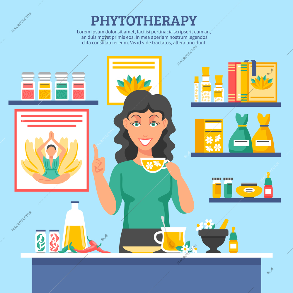 Alternative medicine flat vector illustration with young woman figure holding cap of herbal tea in center and shelves of phytotherapy drugs