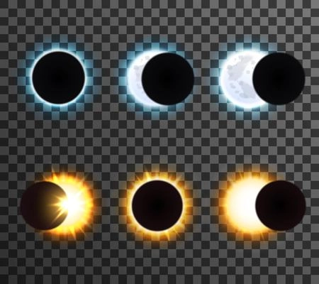 Different phases of sun with rays and shining moon cartoon isolated icons set on transparent background vector illustration