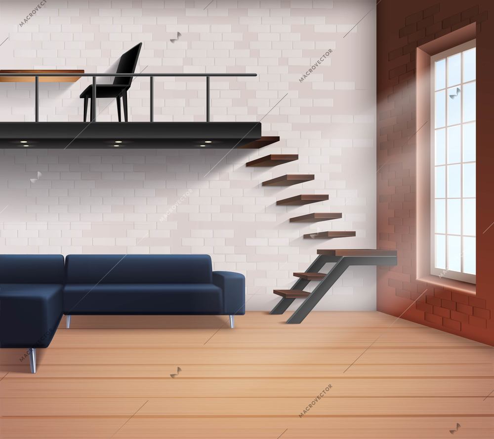 Realistic loft interior concept in minimalistic style with sofa stairs table and chair vector illustration