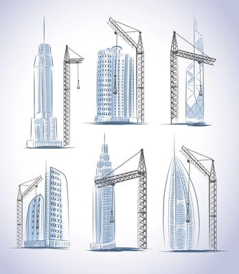 Skyscrapers buildings construction icons set with cranes isolated sketch vector illustration