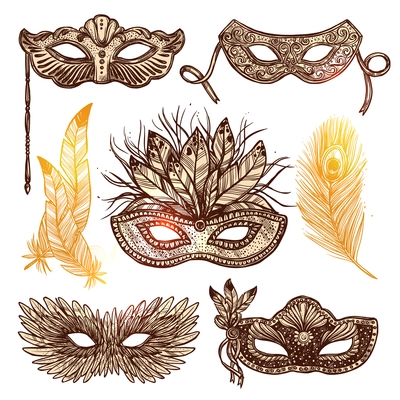 Golden carnival masks of different shape with decorations feathers sketch set on white background hand drawn isolated vector illustration