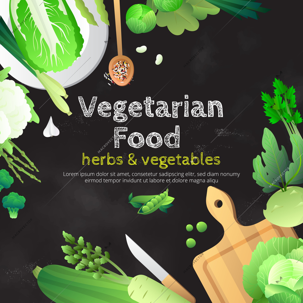 Vegetarian food chalkboard advertisement poster with organic fresh green vegetables and herbs on cutting board vector illustration