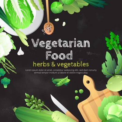 Vegetarian food chalkboard advertisement poster with organic fresh green vegetables and herbs on cutting board vector illustration