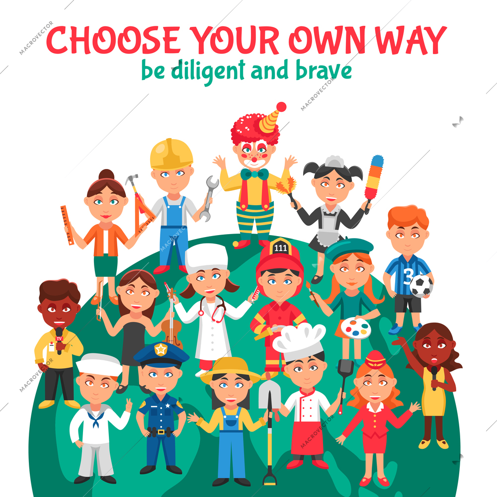 Vector cartoon illustration of various people professions for kids with instruction to be diligent and brave