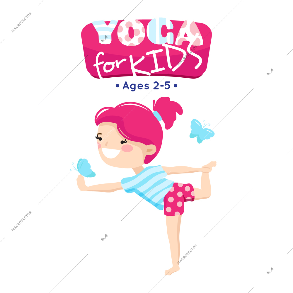 Online yoga classes for little children in blue pink cartoon style logo with smiling kid abstract vector illustration