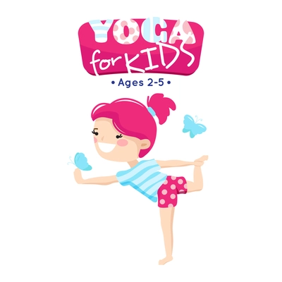 Online yoga classes for little children in blue pink cartoon style logo with smiling kid abstract vector illustration