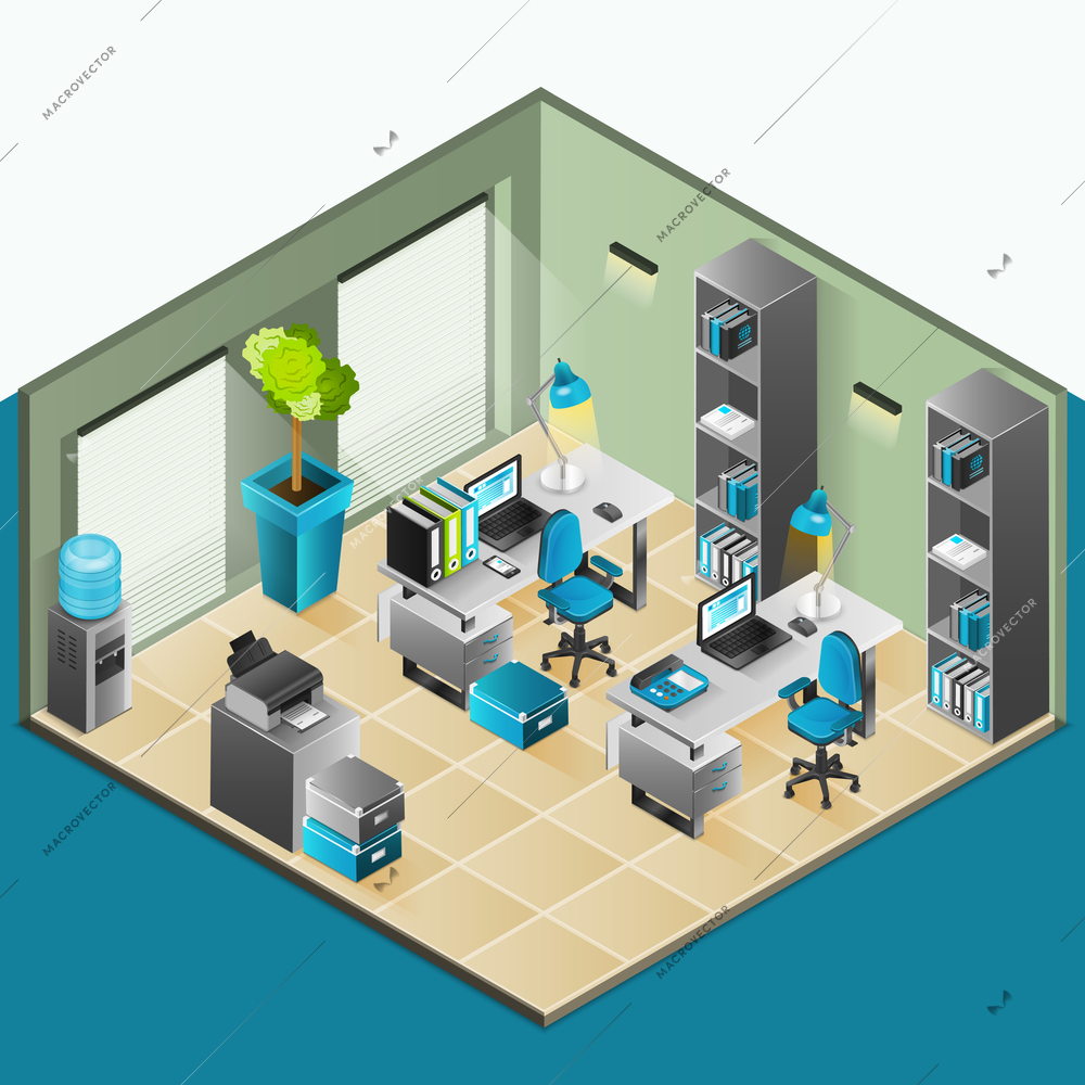 Office interior isomenric design with chairs shelves and computers vector illustration