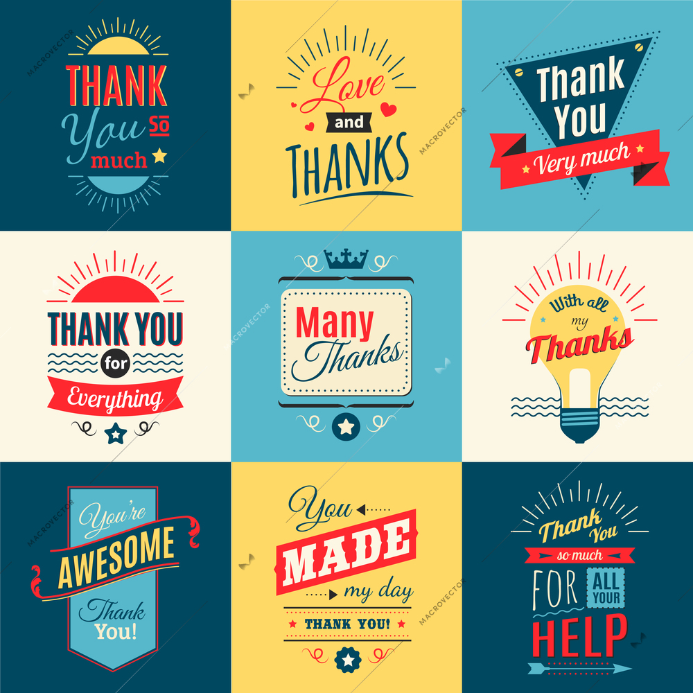 Thank you colored card designs set with love and gratitude in retro style isolated vector illustration