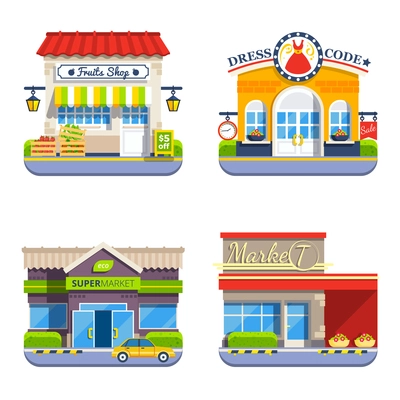 Shop flat colorful icons collection of small shop supermarket mini market and clothes store isolated vector illustration