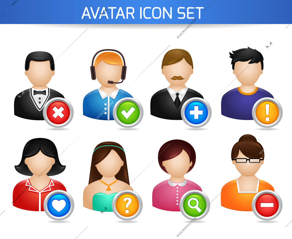 Avatar social networks icons set of forums users profile with options isolated on white vector illustration