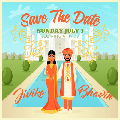 Indians wedding couple invitation poster on background with taj mahal flat vector illustration