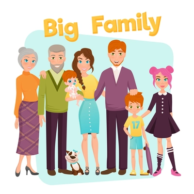 Big happy family with parents grandparents three children and dog on blue and white background flat vector illustration